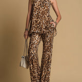 Conjunto de Top Sin Mangas de Chifón con Estampado de Leopardo y Pantalones Acampanados