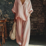 Conjunto de Camisa Rosa Casual con Cuello en V y Pantalones