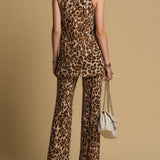 Conjunto de Top Sin Mangas de Chifón con Estampado de Leopardo y Pantalones Acampanados