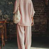Conjunto de Camisa Rosa Casual con Cuello en V y Pantalones