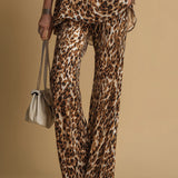 Conjunto de Top Sin Mangas de Chifón con Estampado de Leopardo y Pantalones Acampanados