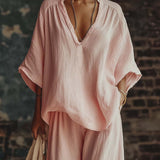 Conjunto de Camisa Rosa Casual con Cuello en V y Pantalones