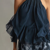 Conjunto de Top Halter de Chifón en Azul Marino y Pantalones Anchos Imprimidos