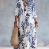 Dalia | Vestido Maxi Acampanado Floral Azul Bohemio