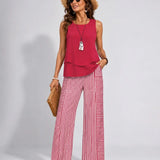 Ramona™ | Conjunto Rosa Top Liso y Pantalón Rayas