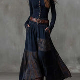Leonora | Vestido Largo Vintage en Ante Azul Marino (Incluye Cinturón)