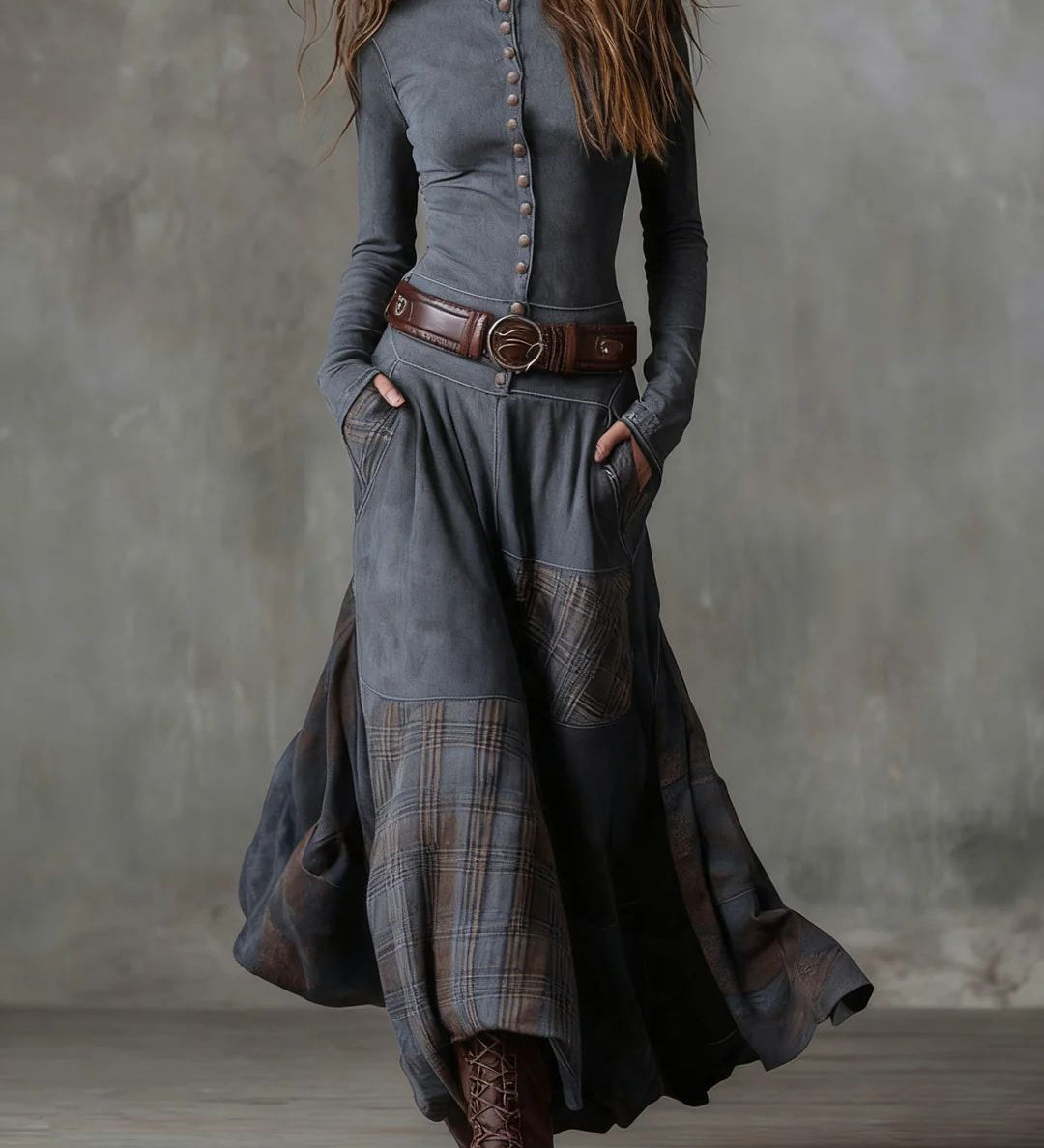 Leonora | Vestido Largo Vintage en Ante Azul Marino (Incluye Cinturón)