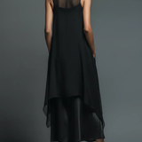 Vestido Largo Minimalista Negro de Fibra de Acetato Imitado, Combinado con un Cubresuelos de Chiffon - Conjunto de Dos Piezas