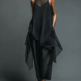 Vestido Largo Minimalista Negro de Fibra de Acetato Imitado, Combinado con un Cubresuelos de Chiffon - Conjunto de Dos Piezas