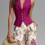 Conjunto de Chaleco Sin Mangas Rosa Claro y Pantalones Anchos con Estampado Floral
