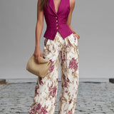 Conjunto de Chaleco Sin Mangas Rosa Claro y Pantalones Anchos con Estampado Floral