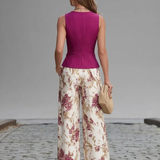 Conjunto de Chaleco Sin Mangas Rosa Claro y Pantalones Anchos con Estampado Floral