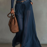 Conjunto de dos piezas de top asimétrico azul marino y falda de tul transparente (con cinturón)