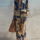 Camisa de Print Barroco en Azul Marino y Conjunto de Pantalones de Pierna Ancha