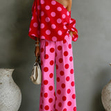 Conjunto de Top Rosa Retro con Lunares y Pantalones de Pierna Ancha