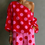 Conjunto de Top Rosa Retro con Lunares y Pantalones de Pierna Ancha