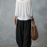 Conjunto de Top Blanco Hombros Descubiertos y Pantalones Acampanados Holgados