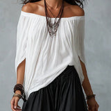 Conjunto de Top Blanco Hombros Descubiertos y Pantalones Acampanados Holgados