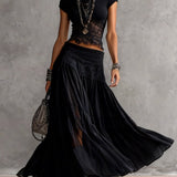 Conjunto de Top de Encaje Negro Transparente y Falda Maxi Plisada