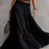 Conjunto de Top de Encaje Negro Transparente y Falda Maxi Plisada